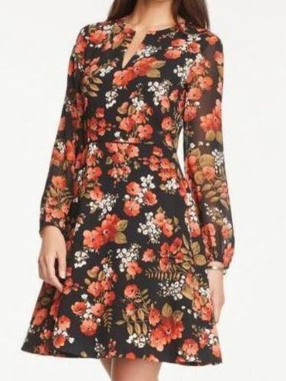 Ann Taylor Factory Black Floral Long-Sleeve A-Line Dress - Size 16